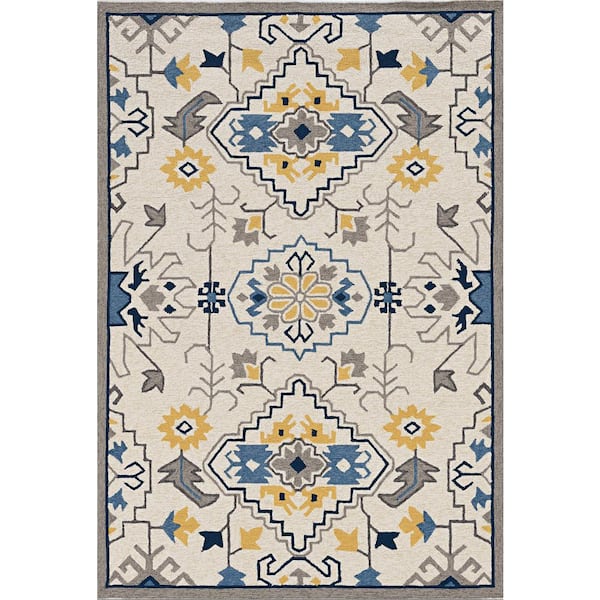 Mira Ivory 5 ft. x 8 ft. Bordered Bohemian Hand-Made Area Rug