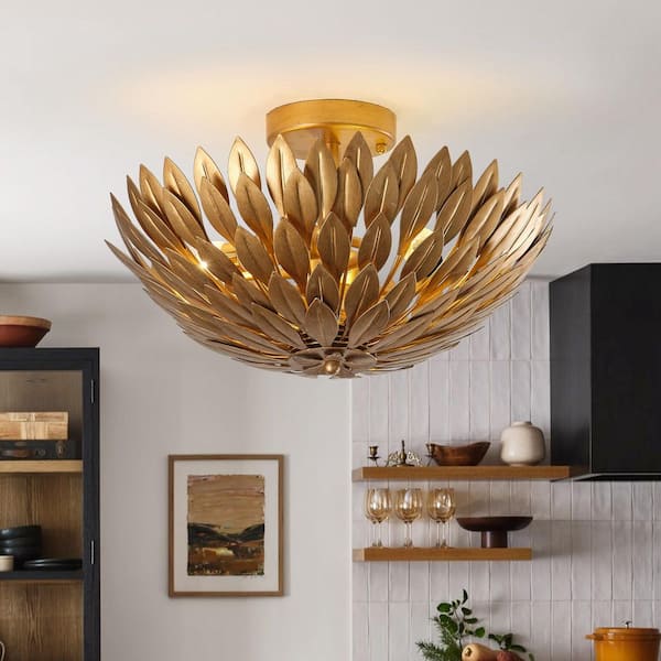 15.75 in. 3-Light Antique Gold Semi-Flush Mount Ceiling Light with Layers of Leaves Shade