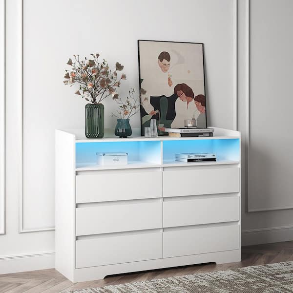 6-Drawer White Dresser with LED Lights for Bedroom, Living Room and More