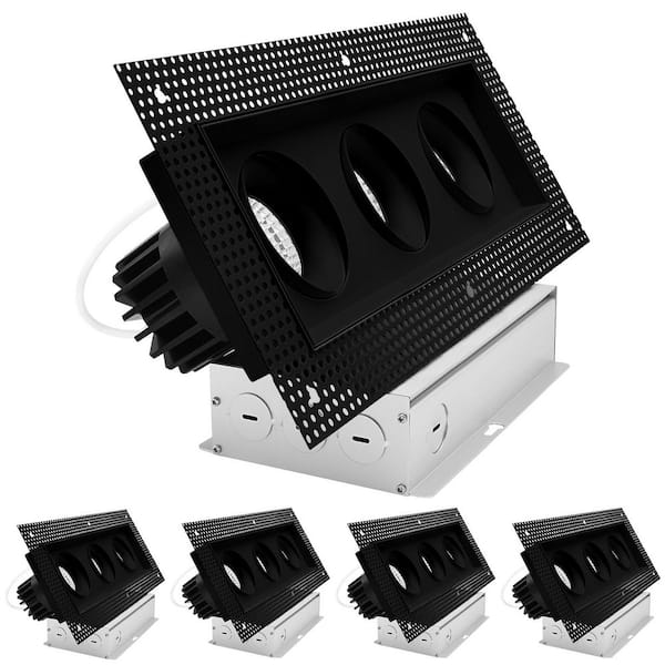 3-Head Integrated LED Black Rectangle Regressed Trimless Gimbal Light, 360°+15° Swivel 5CCT 45W 3000LM Dimmable 4 Pack