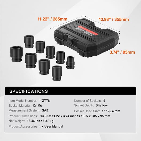 SKYSHALO Axle Nut Impact Socket Set, 1 in. Drive 6-Point 9-Piece