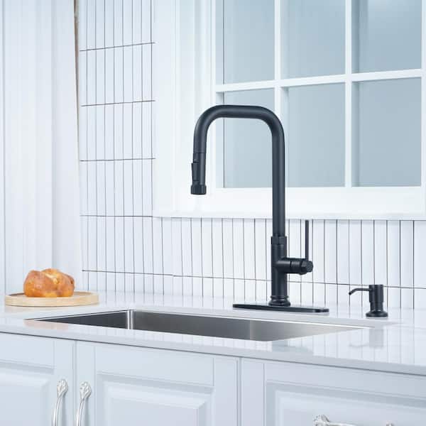 Brass Single Handle Pull Down Sprayer Kitchen Faucet with 2-Mode Advanced Spray and Soap Dispenser in Matte Black
