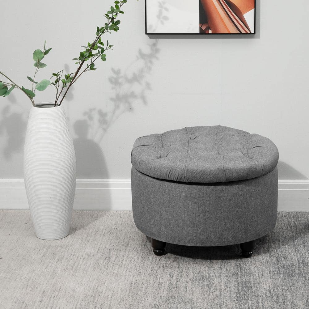 Vintage Round Tufted Linen-Feel Storage Ottoman in Grey