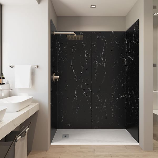 CASTICO 60 in. L x 32 in. W x 84 in. H Alcove Solid Composite Stone Shower Kit Dark Empress Walls and L/R White Slate Shower Pan
