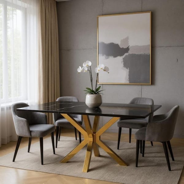 Black Stone 63.00 in. Cross Legs Base Dining Table Seats 6