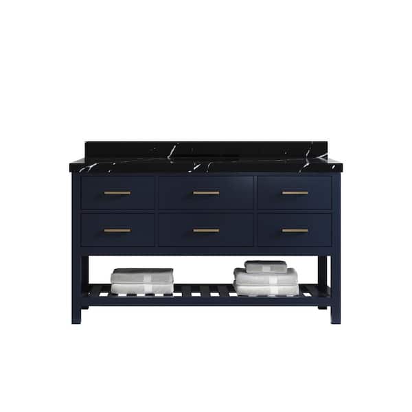 Willow Collections Parker 60 in. Single Sink Freestanding Navy Blue Bath Vanity with Calacatta Black Quartz Top Unassembled