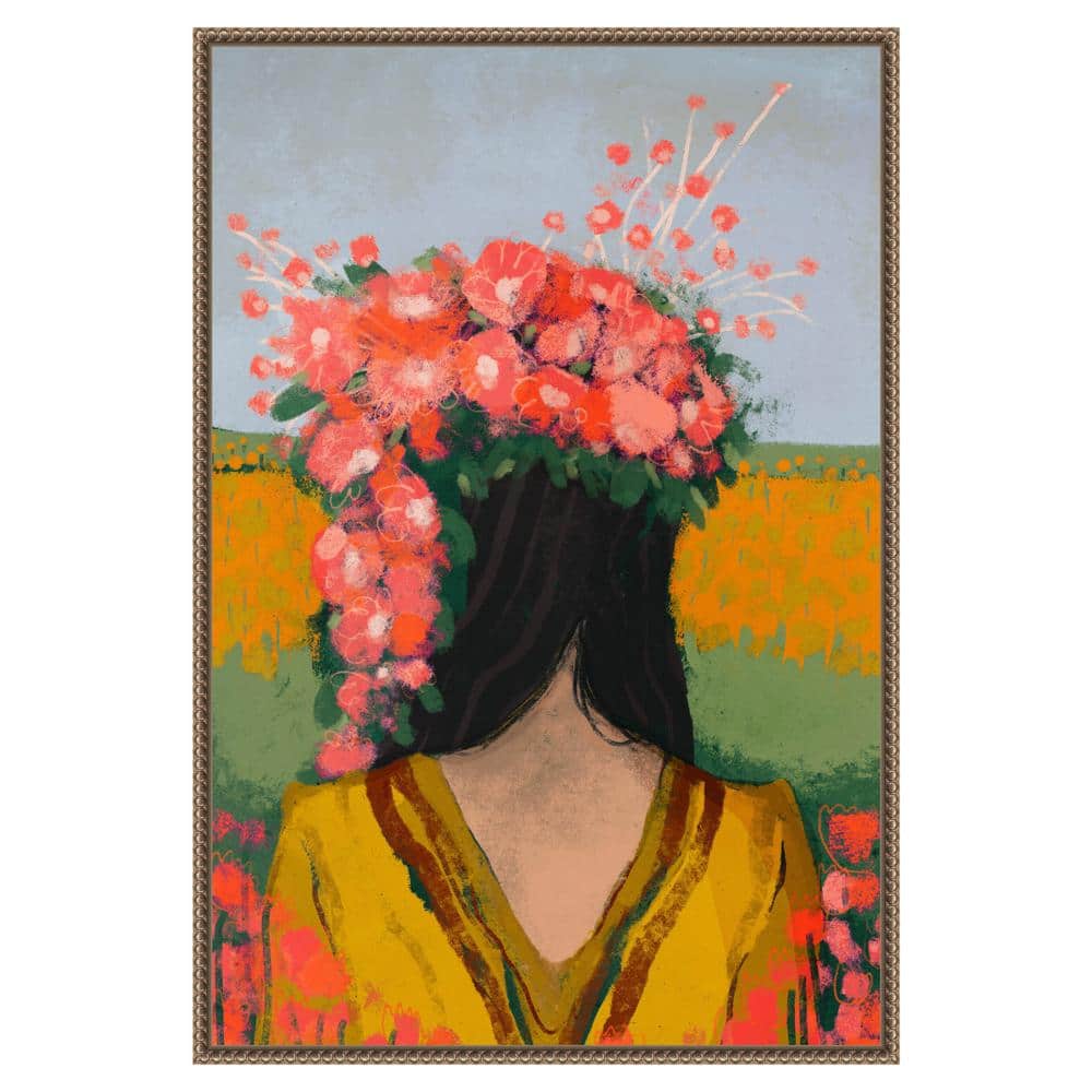 Woman with Floral Wreath Abstract Canvas Print in Bronze Frame