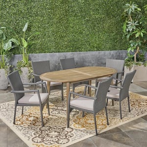 Stamford Grey 7-Piece Faux Rattan and Wood Outdoor Dining Set with Grey Cushions