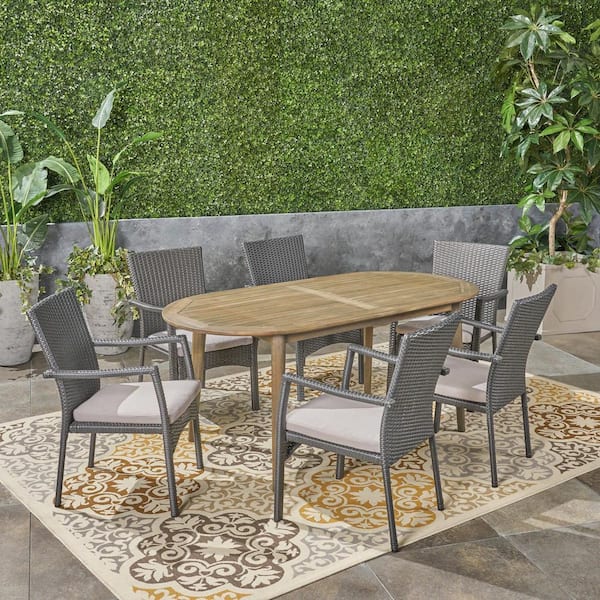 Noble House Stamford Grey 7-Piece Faux Rattan and Wood Outdoor Dining Set with Grey Cushions