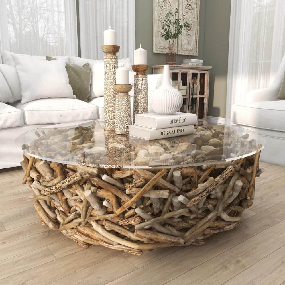 Olivia & May Contemporary Driftwood Coffee Table Brown: Round Wood Base, No Assembly, Spot Clean