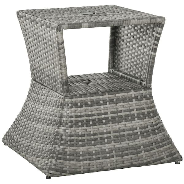 Otryad Rattan Wicker Side Table with Umbrella Hole, 2 Tier Storage Shelf for All Weather for Outdoor, Patio, Garden, Backyard
