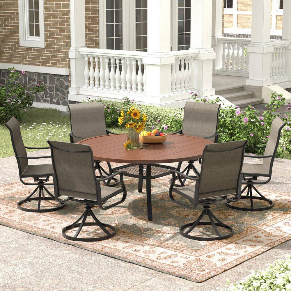 7-Piece Metal Outdoor Dining Set with Storage Shelf, Walnut Tabletop, Umbrella Hole, Brown Seats price history on PriceWatchPro
