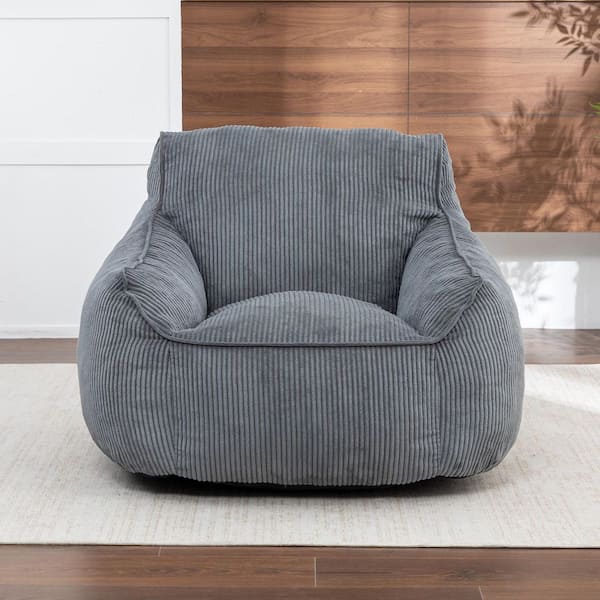 Gray Corduroy Bean Bag Chair with Backrest and Armrests, Adult Floor Sofa Chair for Bedroom or Living Room