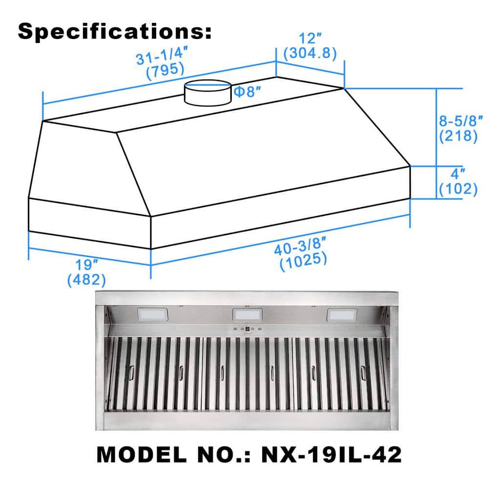 42 Inch Stainless Steel Insert Range Hood with Charcoal Filter