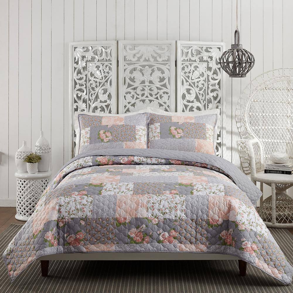 Gray Reversible Patchwork Microfiber Full Quilt Set
