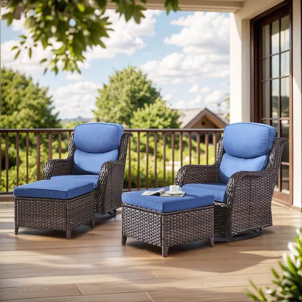 Carolina 4-Piece Brown Wicker Outdoor Swivel Glider Chair with Ottoman Blue Cushions