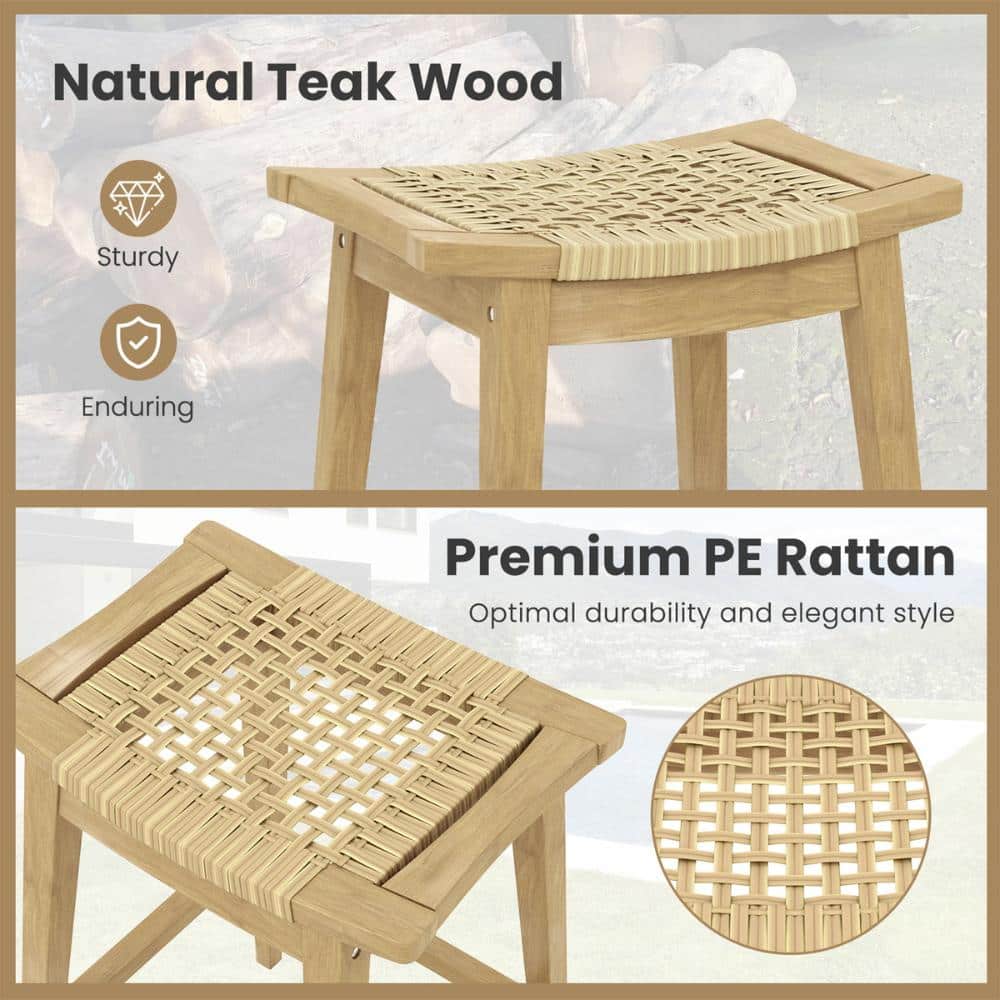 Close-up details of the natural teak wood and woven PE rattan of the bar stool.