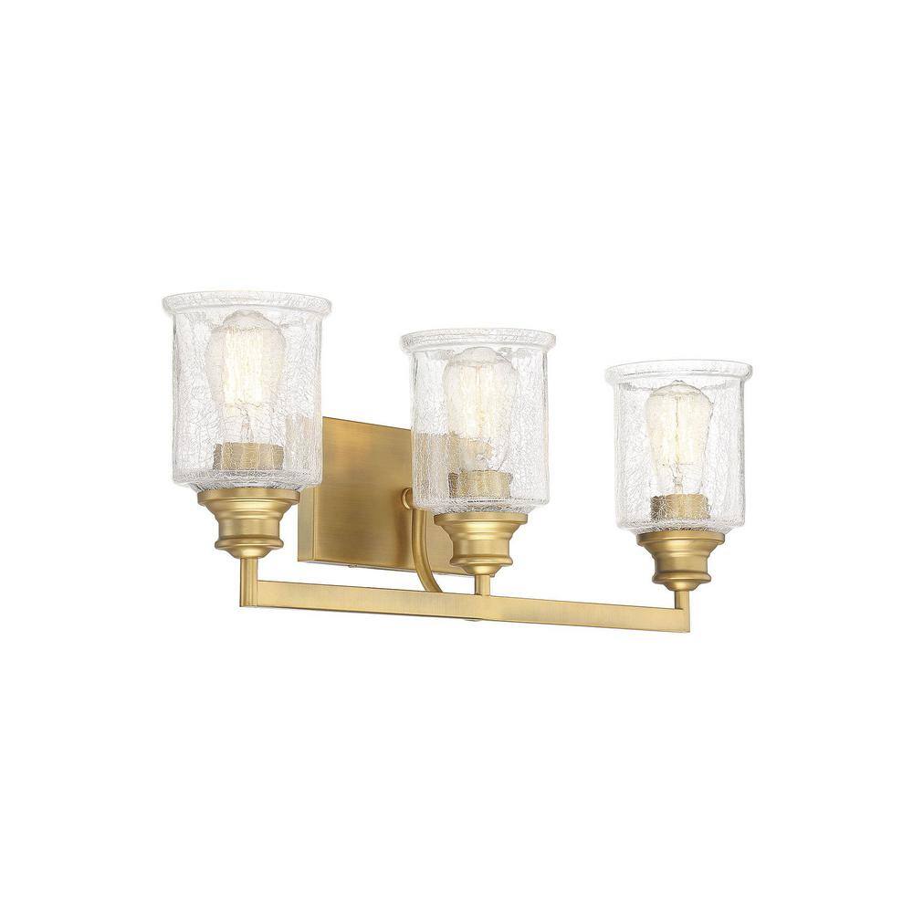 Hampton Warm Brass 3-Light Vanity with Crackle Glass Shades