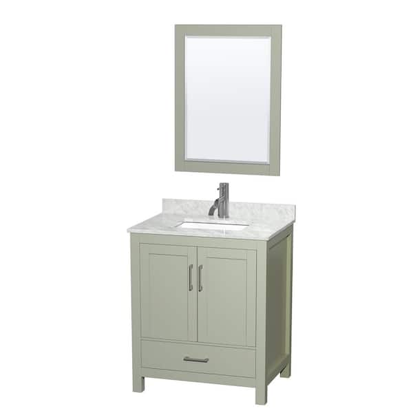Wyndham Collection Sheffield 30 in. W x 22 in. D x 35 in. H Single Bath Vanity in Light Green with White Carrara Marble Top & 24" Mirror