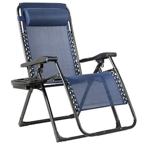 Navy Metal Outdoor Folding Zero Gravity Lounge Chair Recliner with Cup Holder Tray Pillow