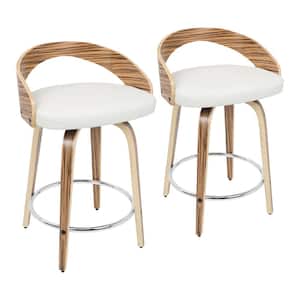 Grotto 29.75 in. Counter Height Bar Stool in White Faux Leather and Zebra Wood (Set of 2)
