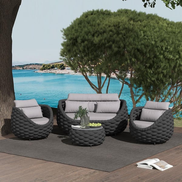 Bird's Nest 4-Piece Dark Gray Aluminum Waterproof Hand-Woven Outdoor Patio Conversation Set with Gray Cushions