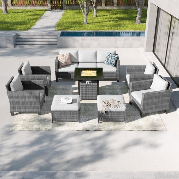 JOYESERY 8-Pieces Patio Conversation Set with Square Fire Pit Table, Gray Wicker Wide Armrests Sofa with Linen Gray Cushion