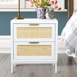 Natural Rattan 2-Drawers White Nightstand Sofa Side Table Bedside Furniture 21 in. H x 19 in. W x 14 in. D