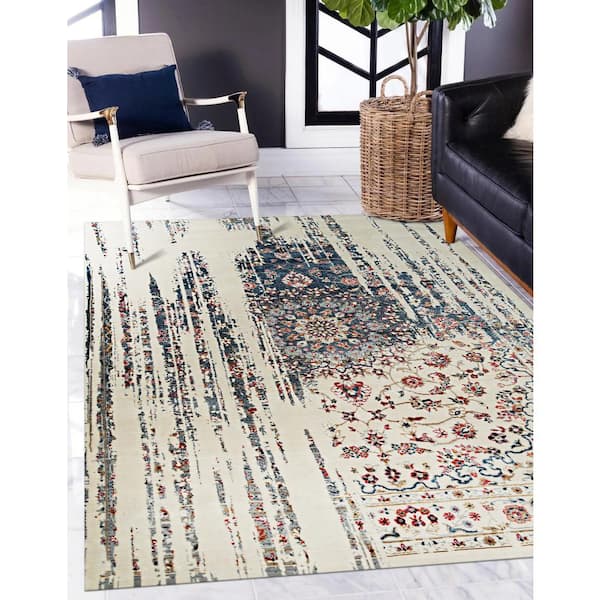 EORC Ivory / Dark Teal Hand Crafted Wool & Viscose Contemporary Hand Crafted Rug, 8' X 10'