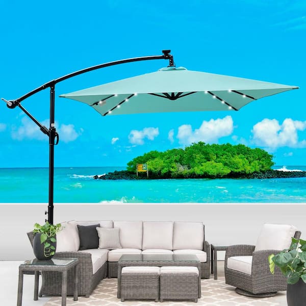 Zeus & Ruta 10 ft. Rectangular Steel LED Cantilever Patio Umbrella with Crank and Cross Base in Light Blue for Garden Deck Backyard