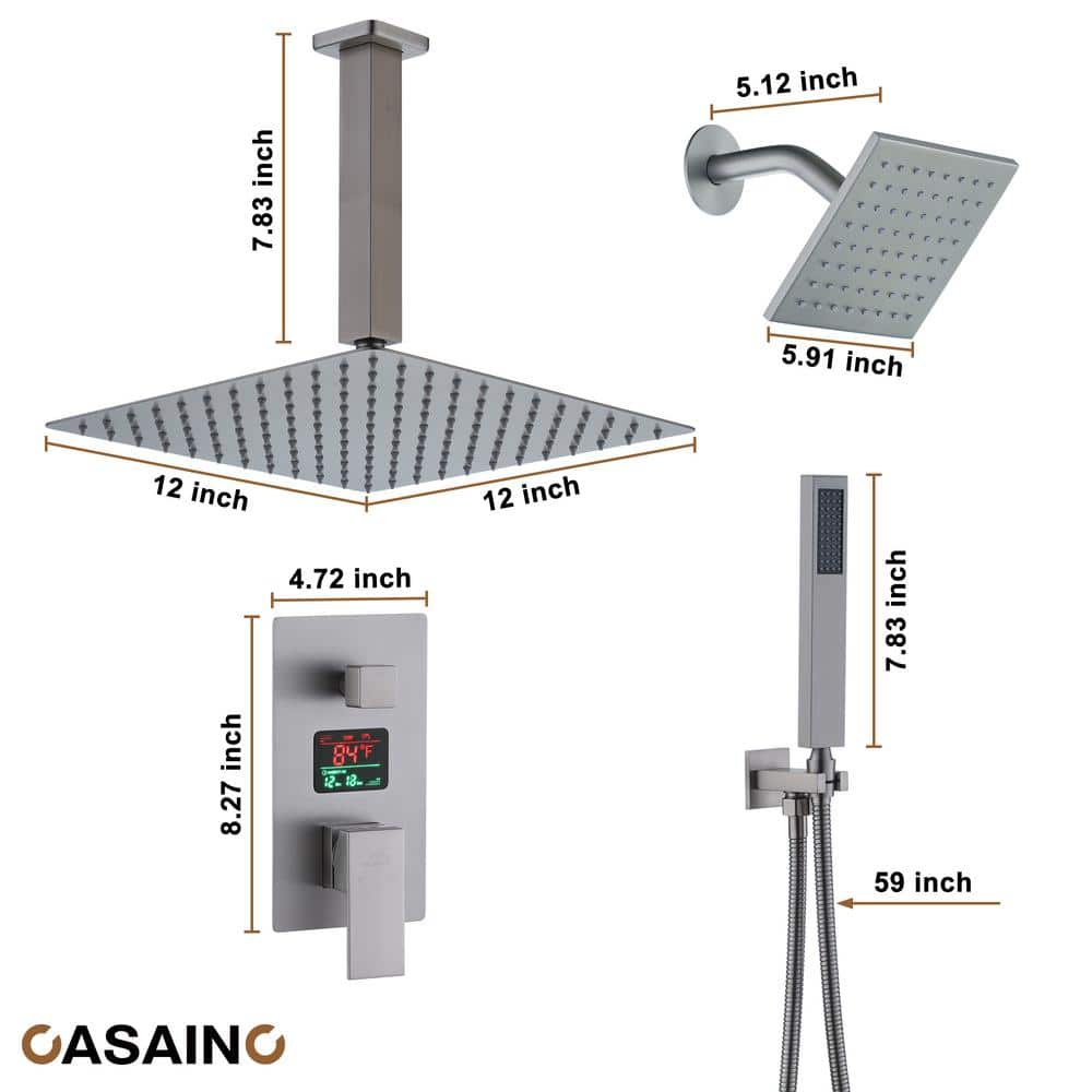Brushed Nickel Rainfall Dual Shower Head System with Digital Display