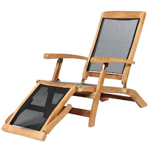 Colorado Reclining Teak and Textilene Steamer Outdoor Chaise Lounger Chair with Folding Ottoman