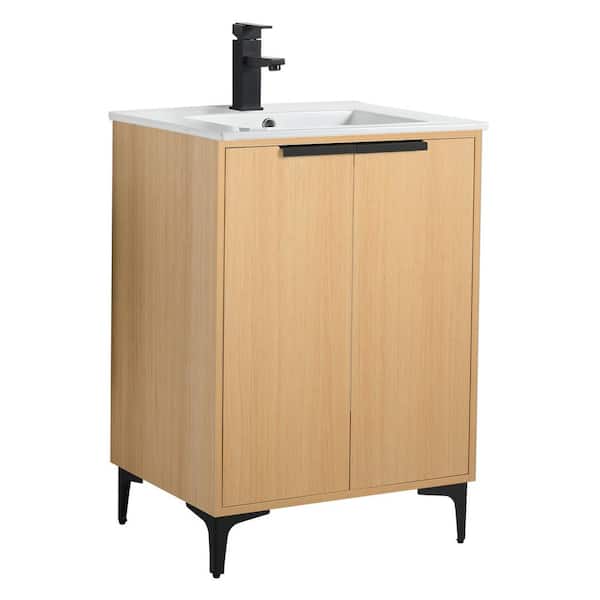FINE FIXTURES 24 in. W x 18.5 in. D x 35.25 in. H Single Sink Bath Vanity in Natural Oak w/Black Hardware and White Ceramic Sink top