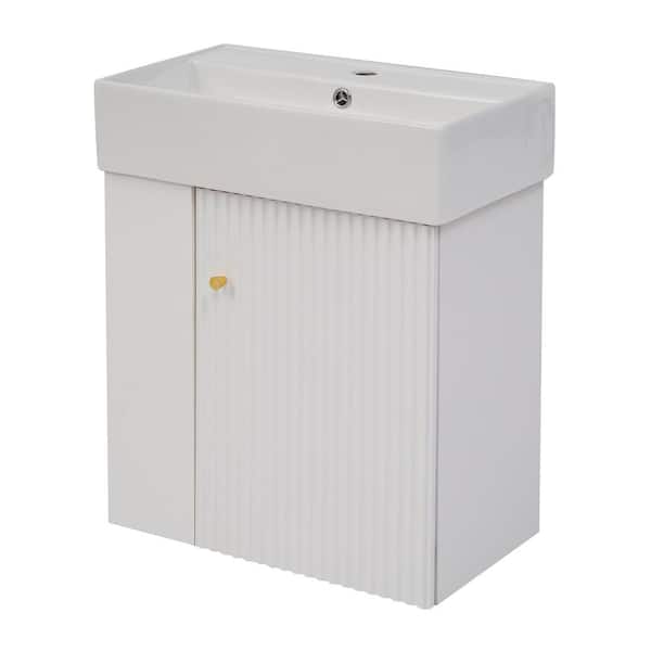 21.6 in. W Single Sink Freestanding Bath Vanity in White with White Ceramic Top, 1 Door and 2-tier Side Shelf