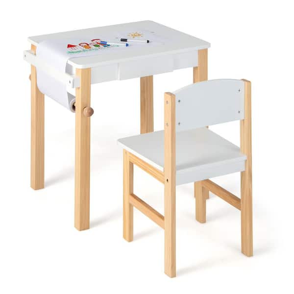 Costway 2-Piece Kids Table and Chair Set Wood Top Activity Drawing Study Desk with Paper Roll Drawer
