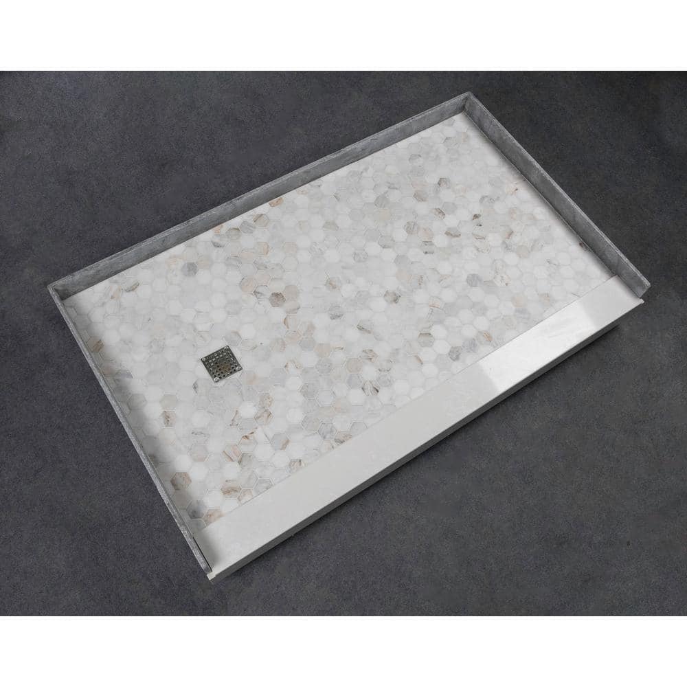 60-Inch Off-White Hexagon Pre-Tiled Shower Base with Left Drain