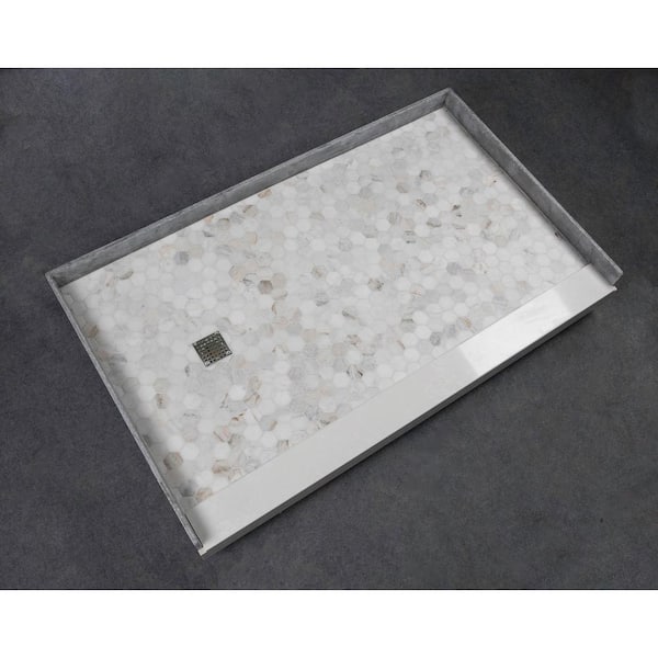 Transolid Pre-Tiled 60 in. L x 36 in. W Alcove Shower Pan Base with  Right-Hand Drain in Off-White Hexagon FPT6036R-HO - The Home Depot