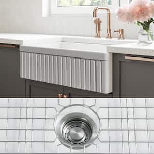 Luxury White Solid Fireclay 33 in. Single Bowl Farmhouse Apron Kitchen Sink with Stainless Steel Accs and Fluted Front