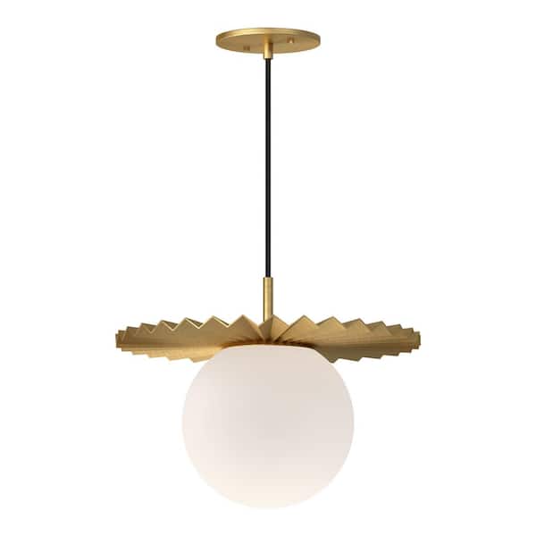 Plume 14 in. 1 Light 60-Watt Brushed Gold/Opal Matte Glass Pendant Light