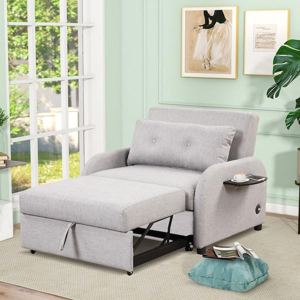 41.5 in. Square Arm Linen Rectangle Sofa with 2 Wing Table and USB Charge in Gray