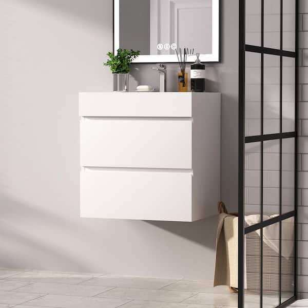 24 in. Wall Mount Modern Single Sink White Bath Vanity with One-Piece White Solid Surface Top Sink Pre-assembled