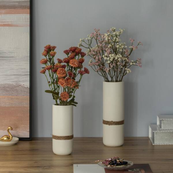 10-Inch Modern White Ceramic Striped Vertical Ribbed Design Flower Bouquet Vase 