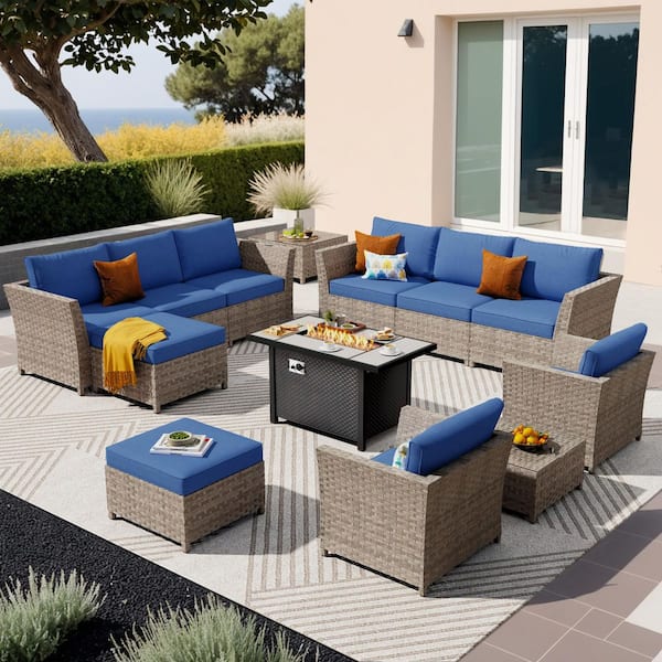 Lounge 13 Pieces Wicker Outdoor Patio Rectangular Fire Pit Set with Navy Blue Cushions