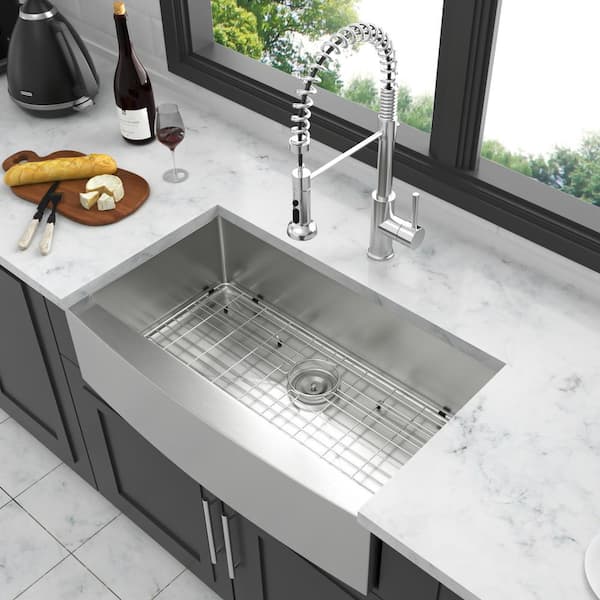 Staykiwi 36 in. Farmhouse/Apron-front Single Bowl 16 -Gauge Brushed Nickel Stainless Steel Kitchen Sink with Bottom Grids