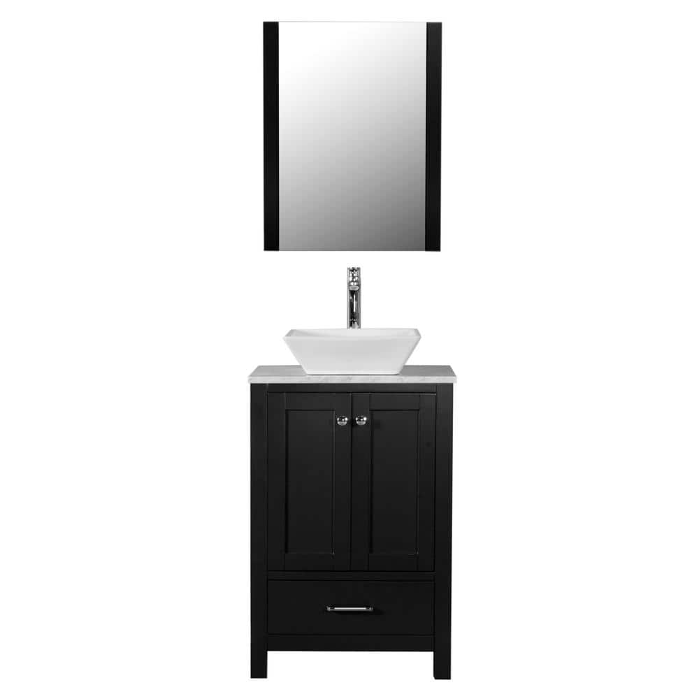 Laguna 24 in. W x 18 in. D x 41 in. H Single Sink Bath Vanity in Black with White Marble Top and Mirror