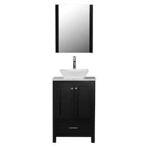 Laguna 24 in. W x 18 in. D x 41 in. H Single Sink Bath Vanity in Black with White Marble Top and Mirror