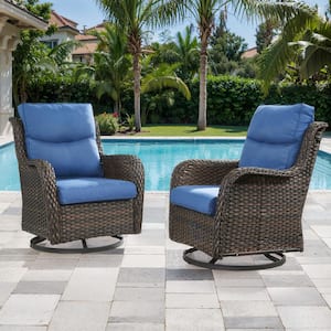 Brown Swivel Glider Wicker Outdoor Rocking Chair with Blue Cushions (2-Pack)