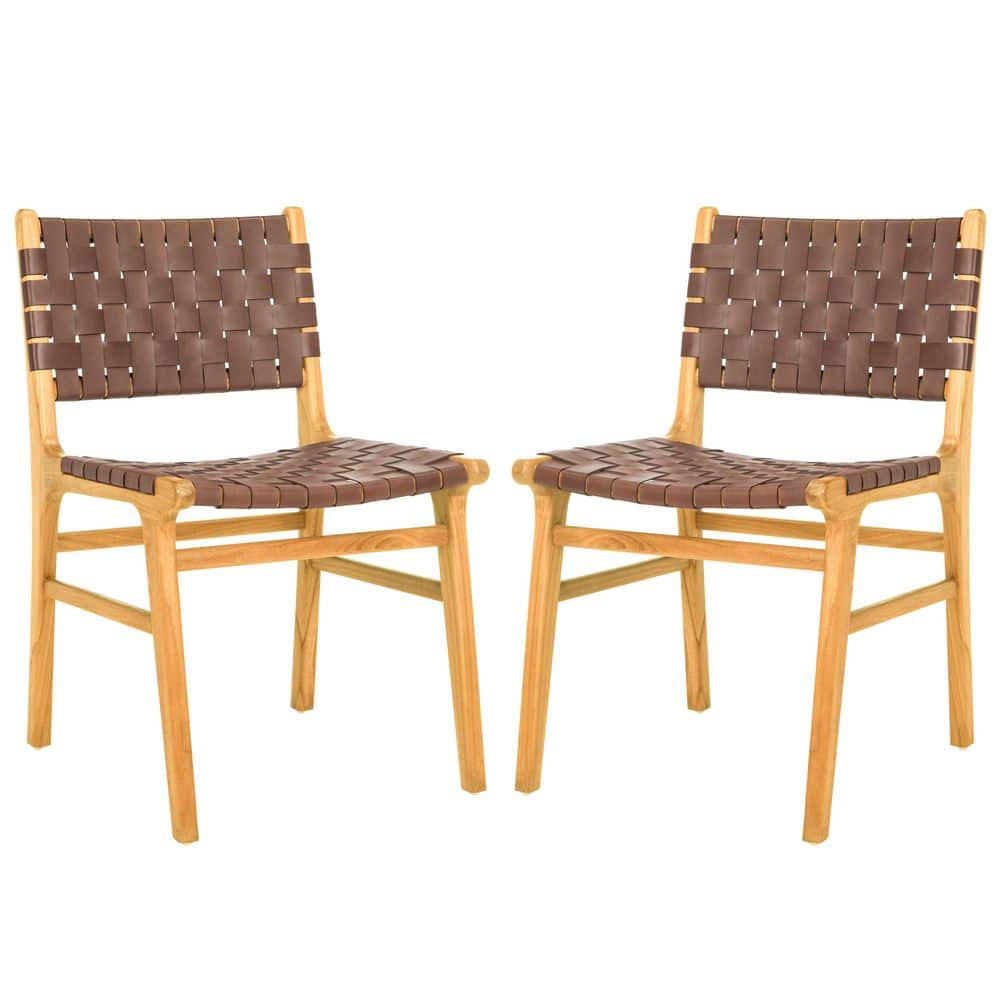 Cognac and Natural Woven Leather Side Chairs, Set of 2