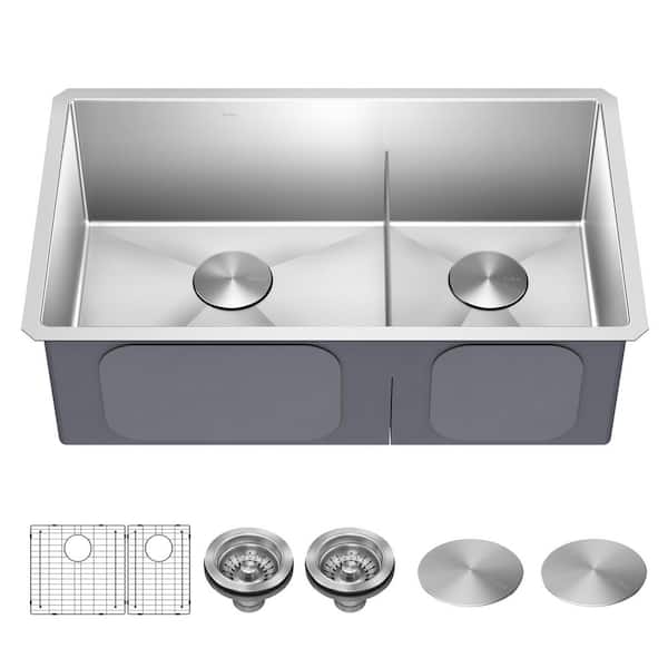 Standart PRO 32 in. Undermount 60/40 Double Bowl 16 Gauge Satin Stainless Steel Kitchen Sink with Accessories