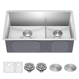 Yutong 33" X 19" Undermount 60/40 Double Bowl Kitchen Sink – 18 Gauge 304 Stainless Steel, Deep Basins, Soundproofed, With Strainers